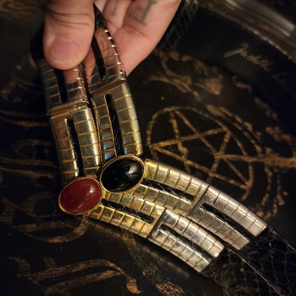 Vintage 70s 80s Judith Leiber Black Snakeskin Expandable Belt Gold Buckle - Picture 7 of 14